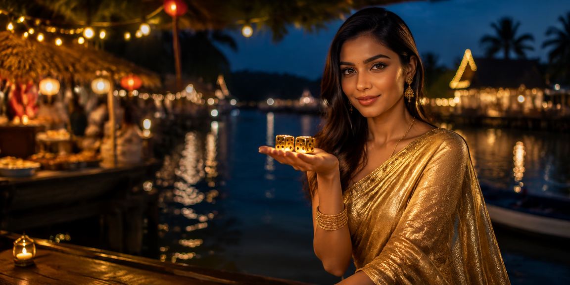 সেন্ট মার্টিনে শাড়ি পরা একজন নারী ঐতিহ্যবাহী ডাইস গেম খেলছেন